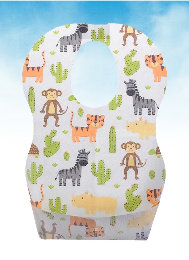 Cute 'n' Cuddle Disposable Baby Bibs (Pack of 50), White with Animals pattern, Individual pack, Travel Bibs For Babies, Food Catcher And Leak Proof, Sticky Snap Closure  - Image 1