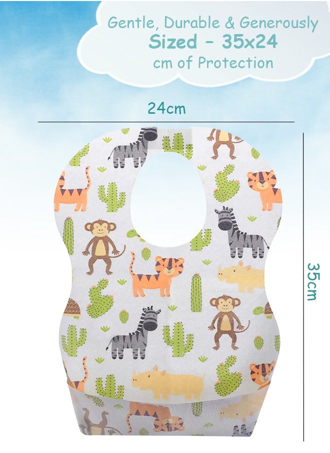 Cute 'n' Cuddle Disposable Baby Bibs (Pack of 50), White with Animals pattern, Individual pack, Travel Bibs For Babies, Food Catcher And Leak Proof, Sticky Snap Closure  - Image 2
