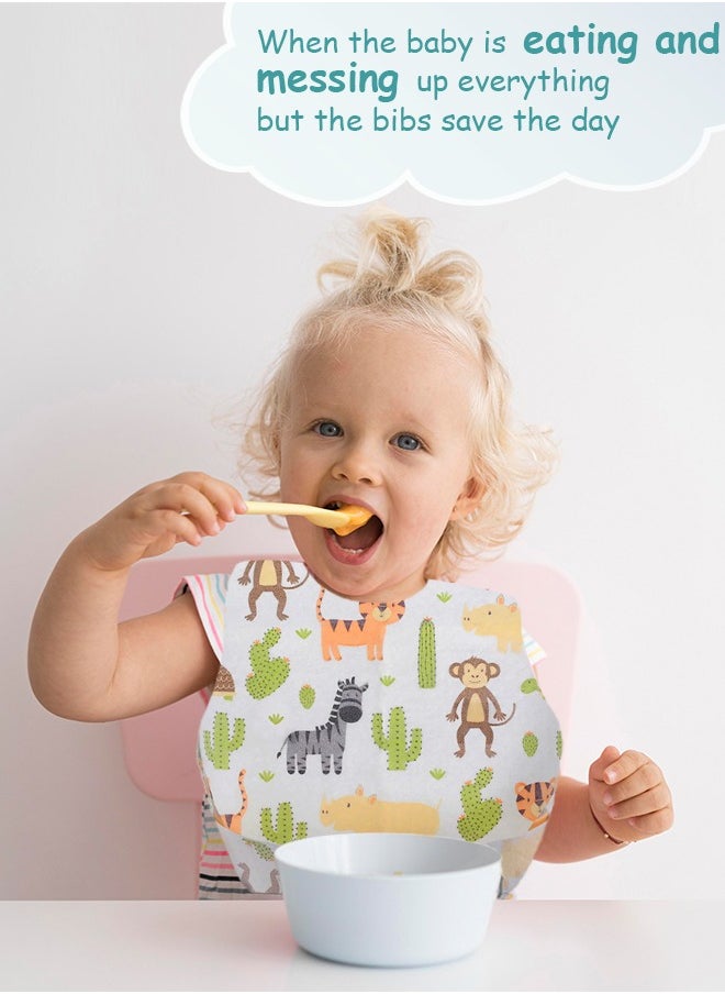 Cute 'n' Cuddle Disposable Baby Bibs (Pack of 50), White with Animals pattern, Individual pack, Travel Bibs For Babies, Food Catcher And Leak Proof, Sticky Snap Closure  - Image 5