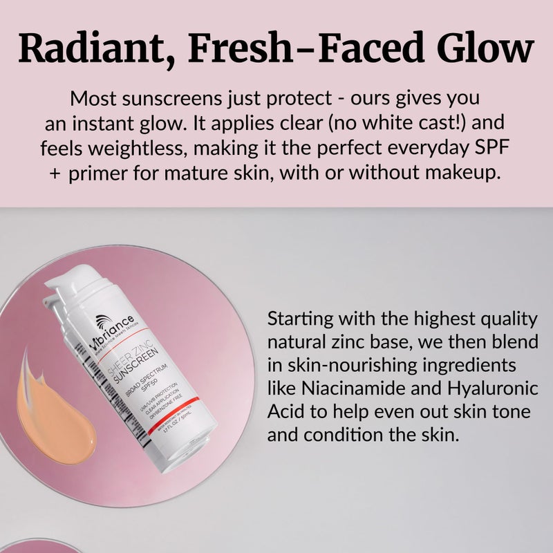 Vibriance Sheer Zinc Sunscreen - Tinted Sunscreen for Face SPF 50, Lightweight Facial Moisturizer with Niacinamide, Hyaluronic Acid - 1.7 fl oz - Image 5