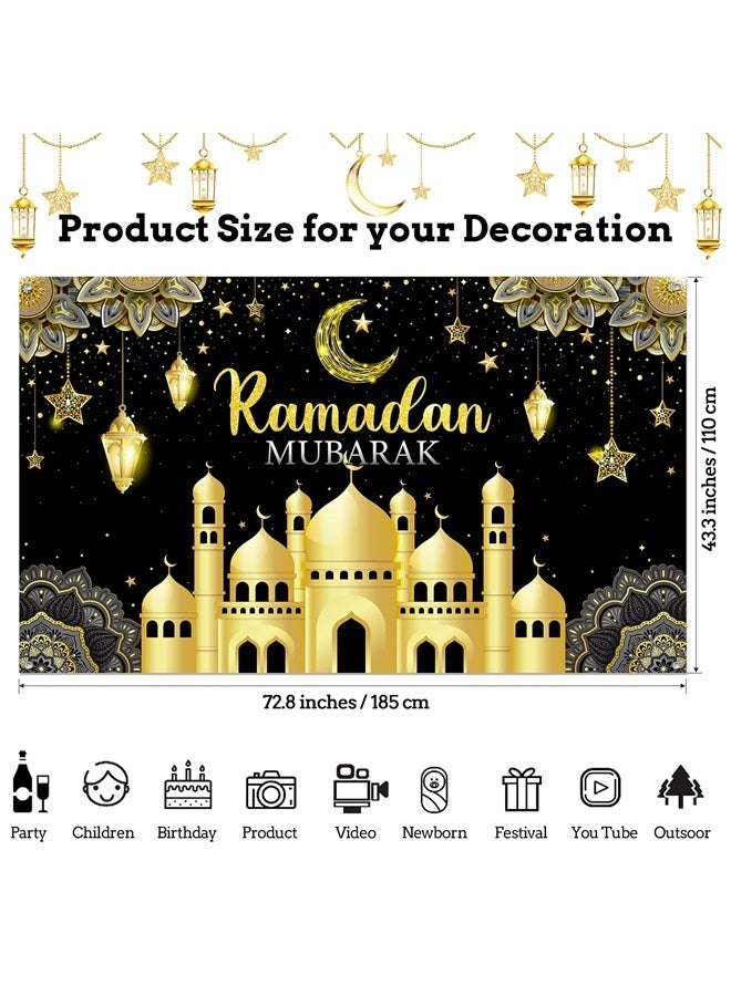 Boyiee Ramadan Mubarak Decorations Backdrop Banner Muslim Ramadan Kareem Background Eid Mubarak Sign Photo Booth Backdrop Background for Home Muslim Ramadan Eid Al Fitr Party Supplies (Black) - Image 2