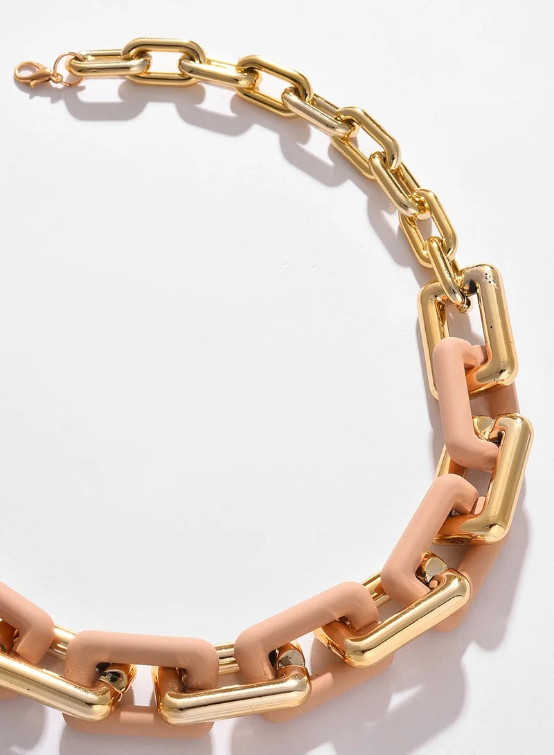 SOHI Peach-Coloured Link Artificial Chain Necklace Jewellery
