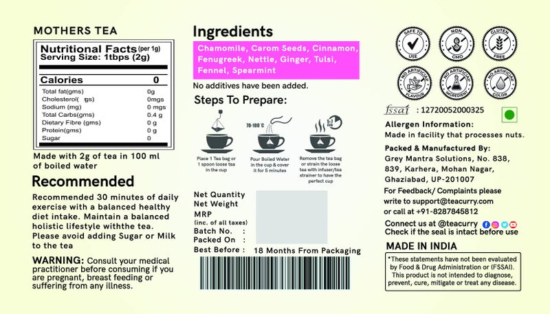 TEACURRY Mothers Tea for Feeding - 50 Grams Loose Tea Nursing Mothers Tea | 100% Nature Green Tea Increases Milk Supply, Improves Iron Deficiency | with FREE Diet Chart - Image 5