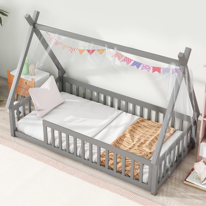 Tatub Tatub Twin Montessori Floor Bed Frame with Rails and Roof Wood Tent Floor Bed for Kids Girls and Boys Grey 