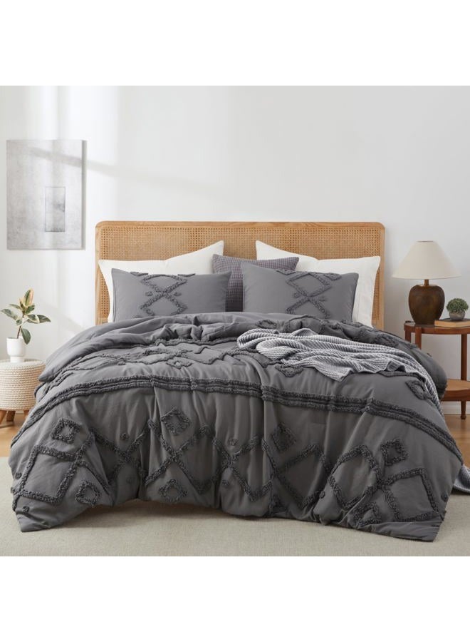 Oli Anderson Queen Comforter Set, 3 Pieces Boho Grey Comforter Geometric Tufted Bedding Comforter Sets, Soft Fluffy Comforter with 2 Pillowcases (Grey, Queen) - Image 1