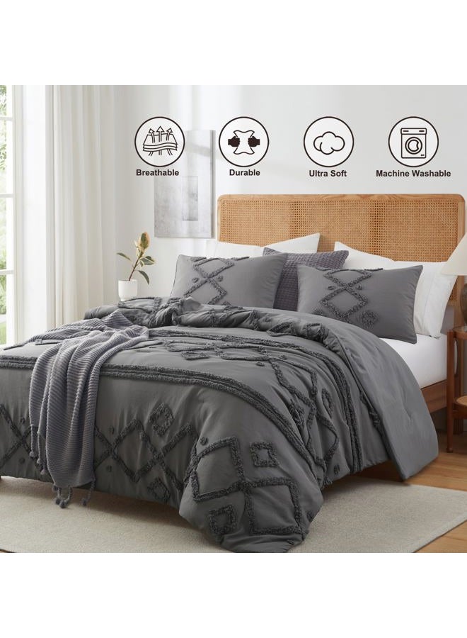 Oli Anderson Queen Comforter Set, 3 Pieces Boho Grey Comforter Geometric Tufted Bedding Comforter Sets, Soft Fluffy Comforter with 2 Pillowcases (Grey, Queen) - Image 2