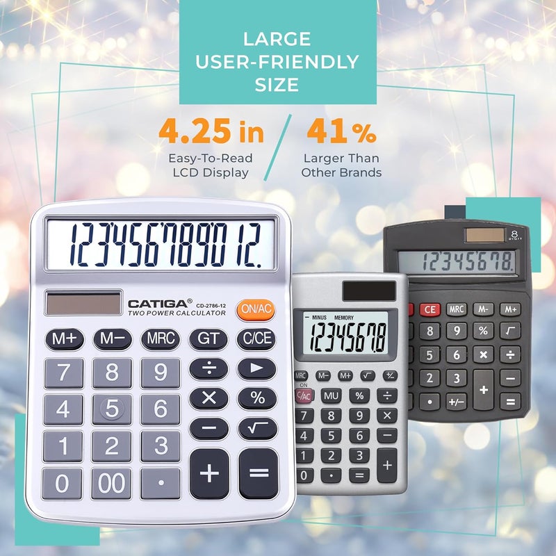 CATIGA 12 Digits Desktop Calculator with Large LCD Display, Dual Solar Power and Battery, Standard Function for Office, Home, School, CD-2786 - Image 3