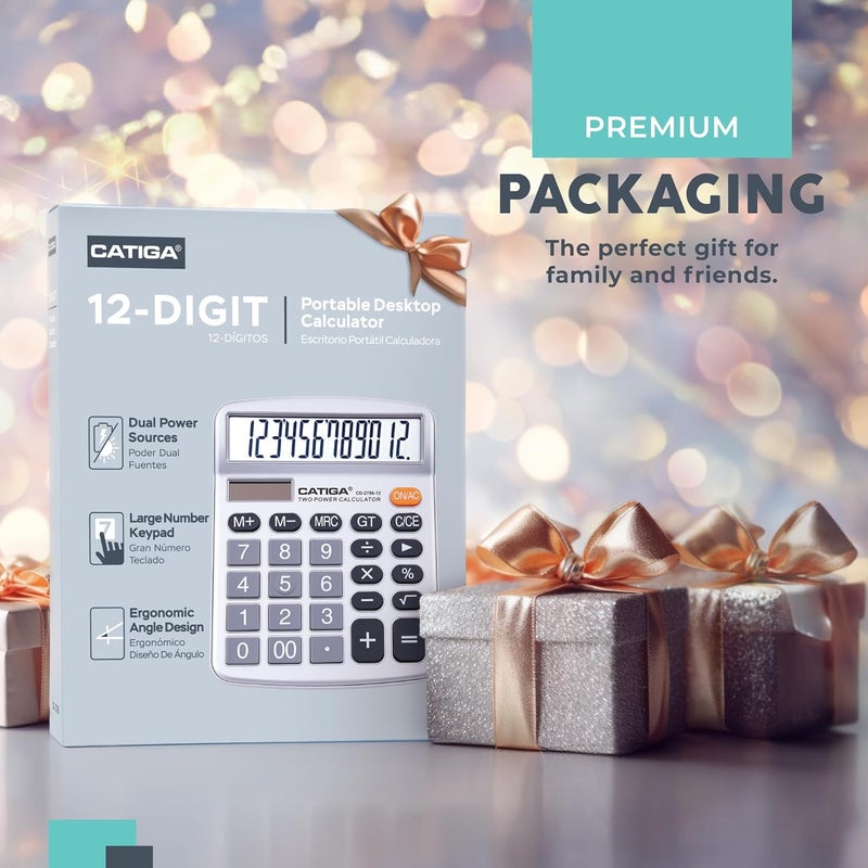 CATIGA 12 Digits Desktop Calculator with Large LCD Display, Dual Solar Power and Battery, Standard Function for Office, Home, School, CD-2786 - Image 2