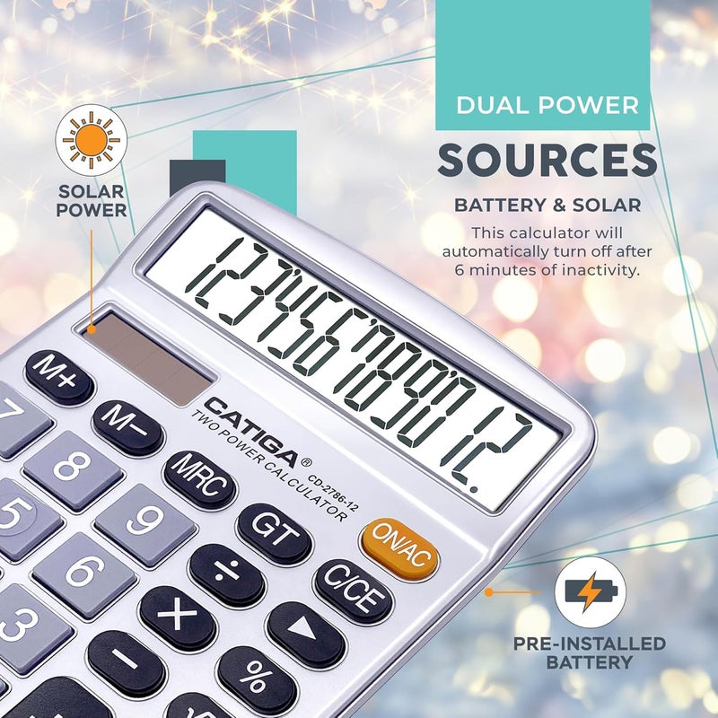 CATIGA 12 Digits Desktop Calculator with Large LCD Display, Dual Solar Power and Battery, Standard Function for Office, Home, School, CD-2786 - Image 5