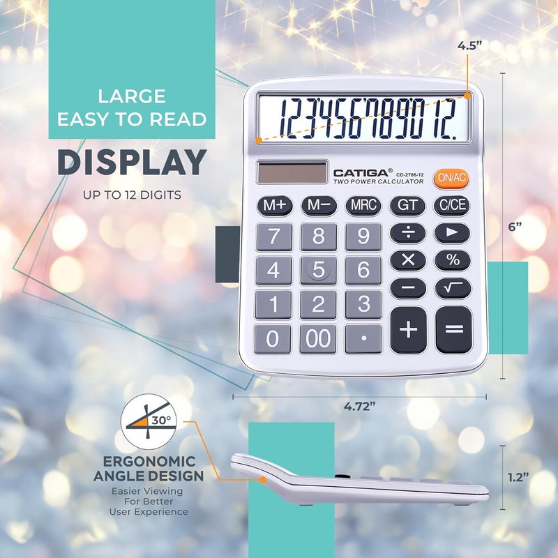 CATIGA 12 Digits Desktop Calculator with Large LCD Display, Dual Solar Power and Battery, Standard Function for Office, Home, School, CD-2786 - Image 4
