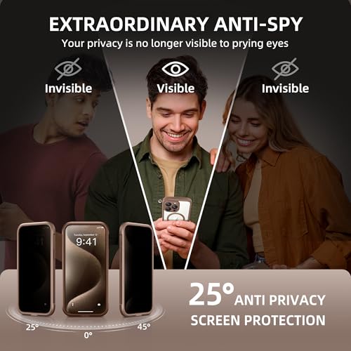 TIESZEN for iPhone 15 Pro Max Case Compatible with MagSafe Builtin Privacy Screen Protector and Camera Protection Anti Spy Full Body Dustproof Shockproof Hard Phone Case 67 Brown - Image 3