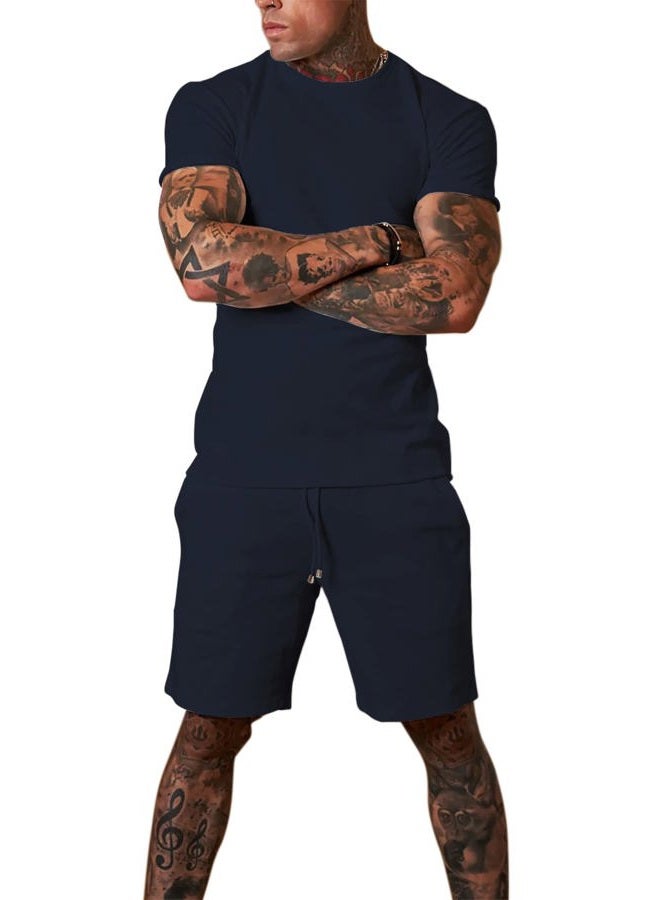 Redqenting Mens 8" Casual Sweat Shorts with Pockets,Drawstring Athletic Shorts Waffle Lounge Summer Shorts (Size28~40) Navy  - Image 2