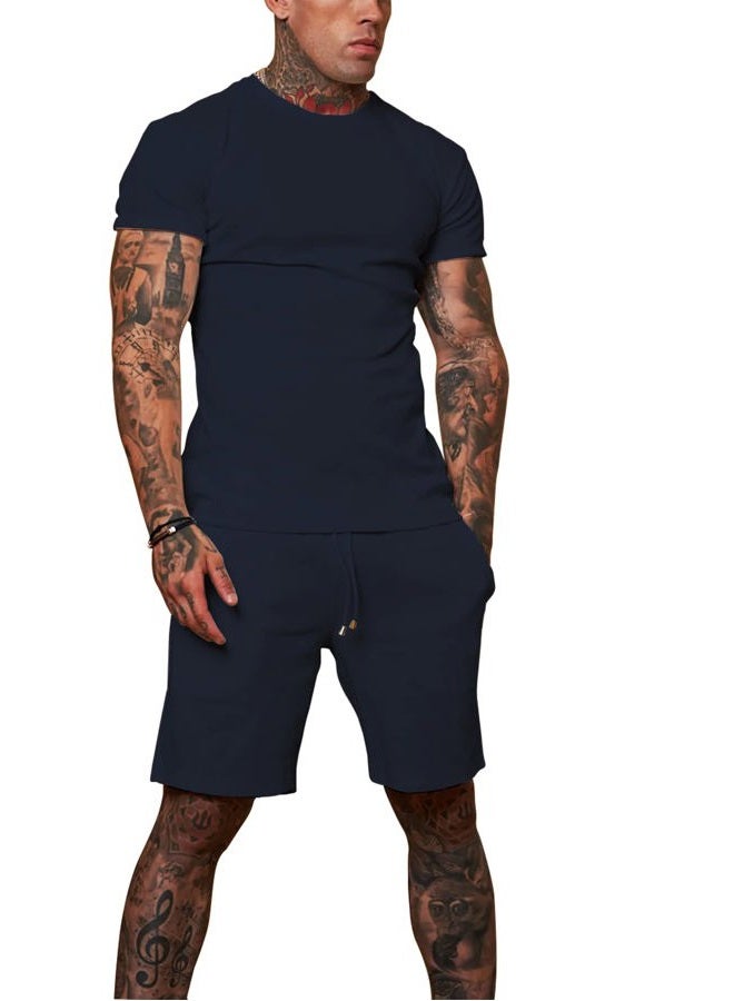 Redqenting Mens 8" Casual Sweat Shorts with Pockets,Drawstring Athletic Shorts Waffle Lounge Summer Shorts (Size28~40) Navy  - Image 3