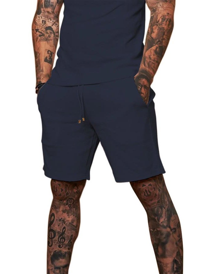 Redqenting Mens 8" Casual Sweat Shorts with Pockets,Drawstring Athletic Shorts Waffle Lounge Summer Shorts (Size28~40) Navy  - Image 1