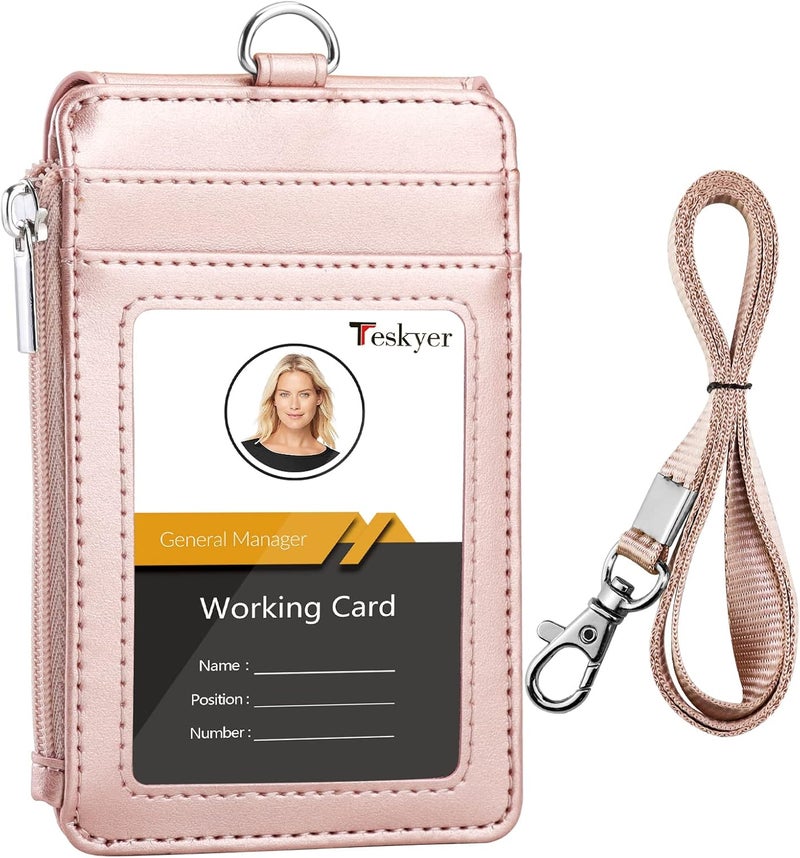 Teskyer Badge Holder with Side Zip Pocket, Multiple Card Slots Leather ID Holder Wallet with Neck Lanyard for Office Staffs, Teachers/Students, Couriers, Workers, Rose Gold - Image 1