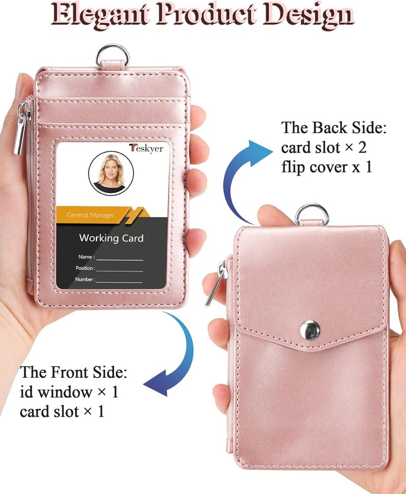 Teskyer Badge Holder with Side Zip Pocket, Multiple Card Slots Leather ID Holder Wallet with Neck Lanyard for Office Staffs, Teachers/Students, Couriers, Workers, Rose Gold - Image 4