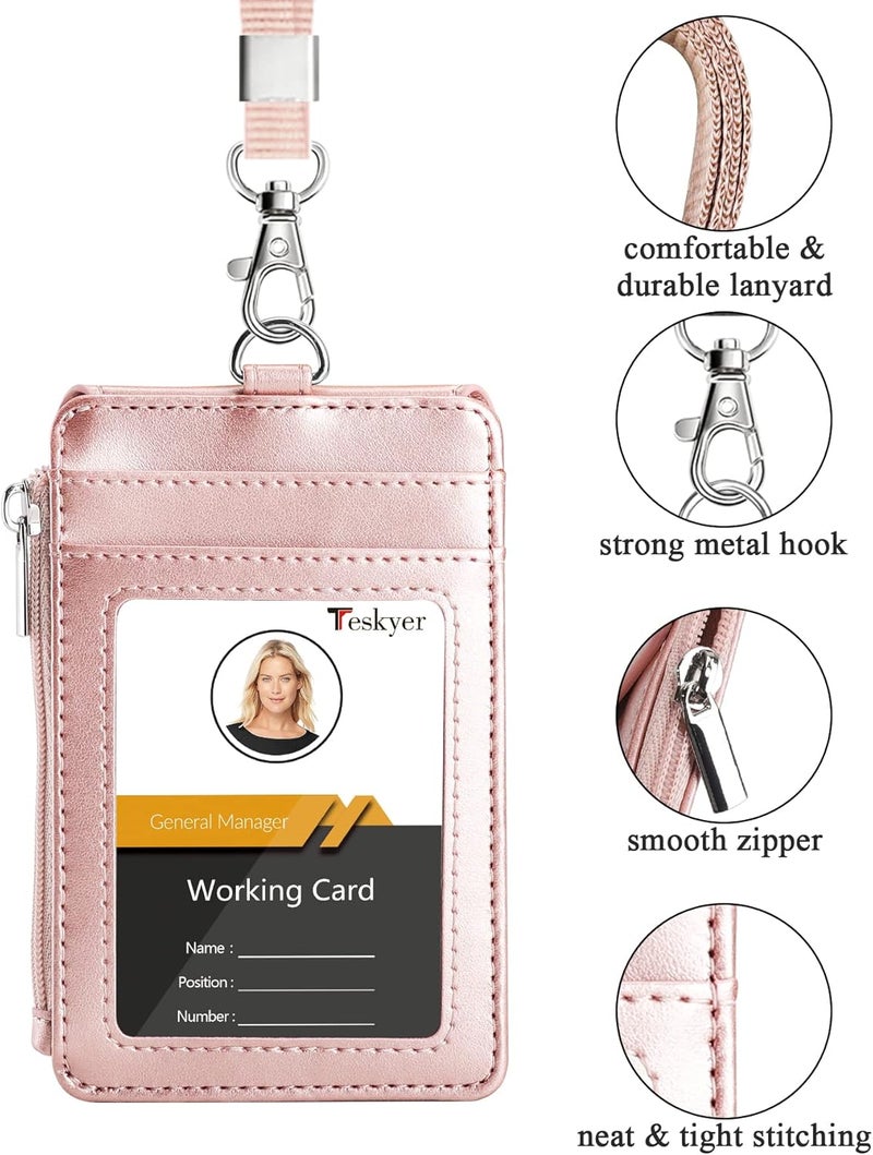 Teskyer Badge Holder with Side Zip Pocket, Multiple Card Slots Leather ID Holder Wallet with Neck Lanyard for Office Staffs, Teachers/Students, Couriers, Workers, Rose Gold - Image 3