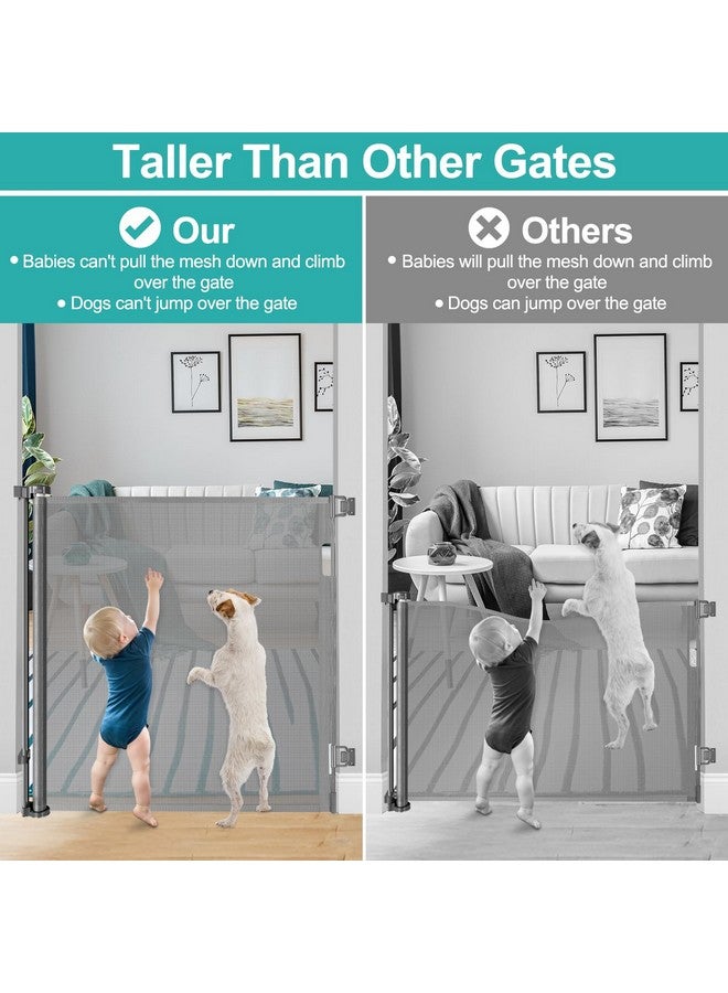 BETERTEK بوابة أطفال إضافية ارتفاع 42 بوصة للسلالم بعرض 55 بوصة شبك قابل للسحب مضاد للخدش للأطفال أو الحيوانات الأليفة بوابات جراء إضافية للمنزل تشغيل بيد واحدة بوابة كلب قابلة للسحب للمدخل، رمادي - Image 3
