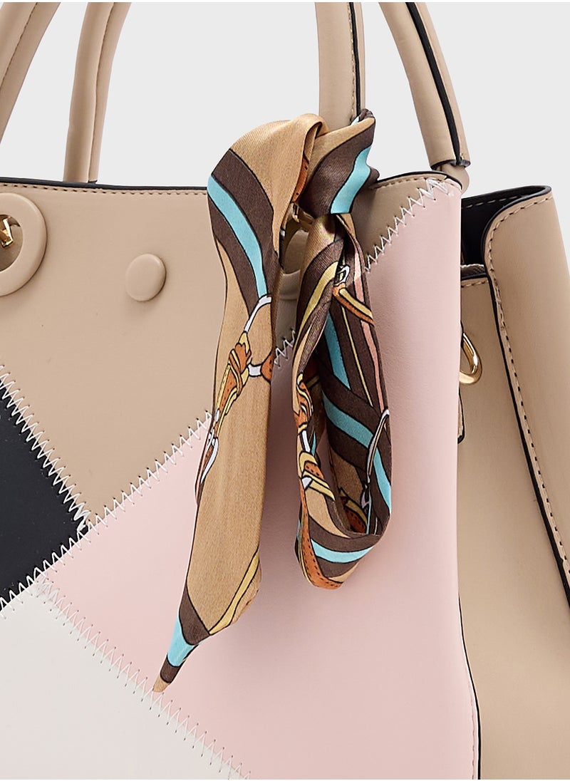 ELLA Color Block Satchel With Scarf  - Image 4
