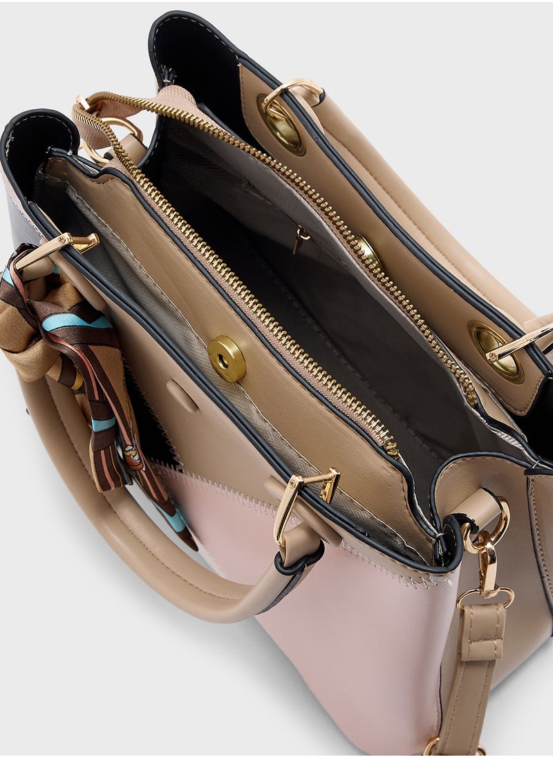 ELLA Color Block Satchel With Scarf  - Image 5