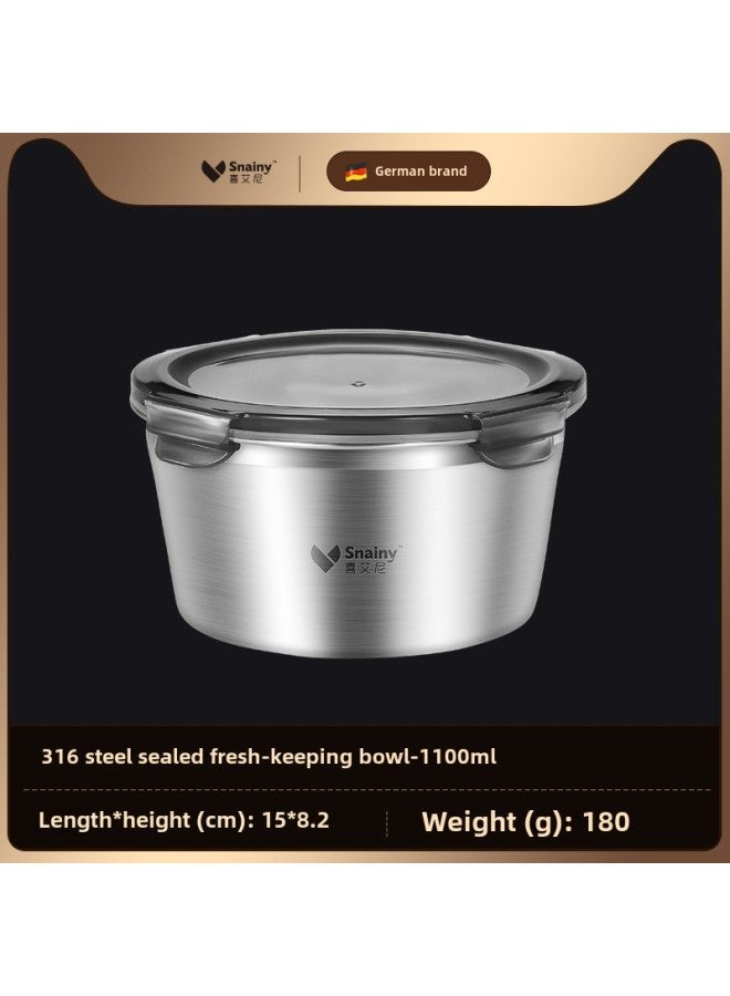 Fresh-keeping Box 316 Stainless Steel Food Grade Lunch Box Refrigerator Box Sealed Bowl Household Round Bowl With Lid-Specifications:316 Crisper Box-round 1100ml  - Image 1