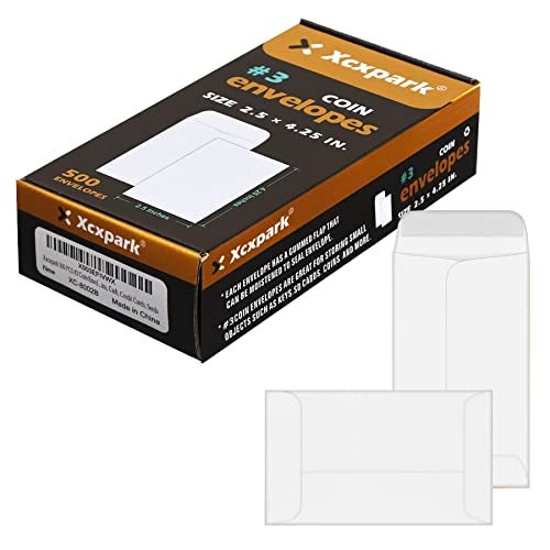 Xxcxpark 500 PCS #3 Coin Envelopes, 2-1/2'' x 4-1/4'' inches White Kraft Envelopes Classic Small Parts Envelopes with Self Adhesive Gummed Flap for Coins, Cash, Credit Cards, Seeds - Image 1