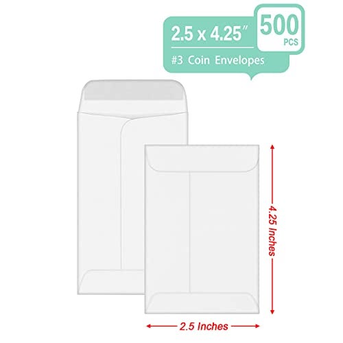 Xxcxpark 500 PCS #3 Coin Envelopes, 2-1/2'' x 4-1/4'' inches White Kraft Envelopes Classic Small Parts Envelopes with Self Adhesive Gummed Flap for Coins, Cash, Credit Cards, Seeds - Image 3