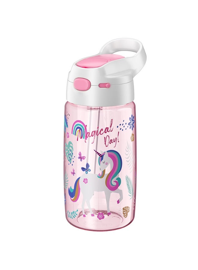 JEKO Kids Tritan Water Bottle with Straw – Unicorn Print, Leak-Proof Flip Top, BPA-Free, 450ml Pink - Image 1