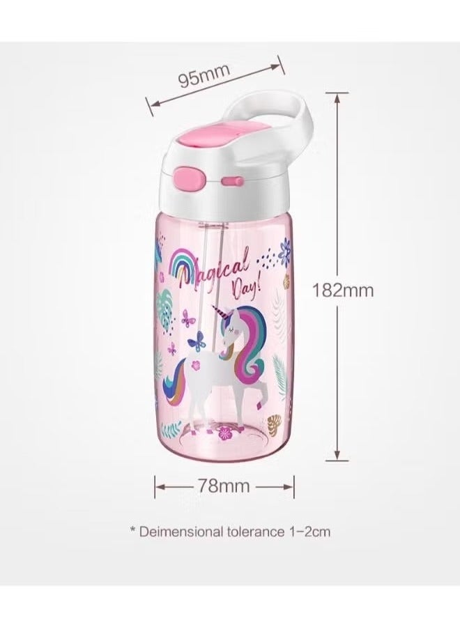 JEKO Kids Tritan Water Bottle with Straw – Unicorn Print, Leak-Proof Flip Top, BPA-Free, 450ml Pink - Image 2