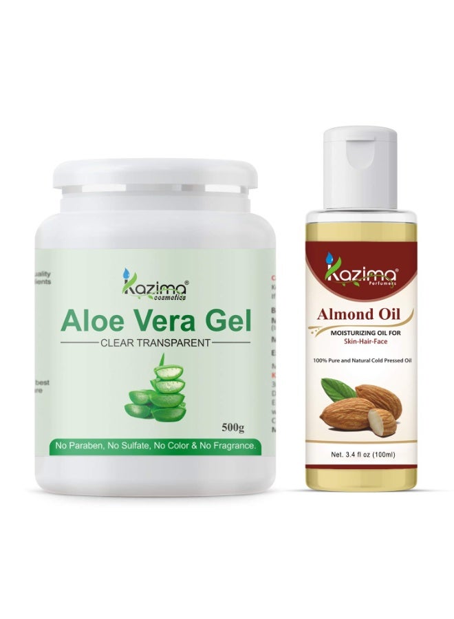 KAZIMA Combo of Aloe Vera Gel 500g & Almond Carrier Oil 100ml - 100% Pure & Natural for Skin, Face, Acne Scars, Hair, Moisturizer & Dark Circles (Combo of 2) - Image 1