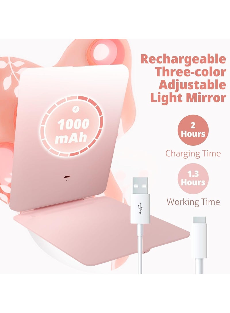 YQbest Rechargeable Travel Vanity Mirror, 10X Magnifying LED Makeup Mirror with 3-Color Dimmable Lighting, Foldable Tabletop Cosmetic Mirror - Pink - Image 5