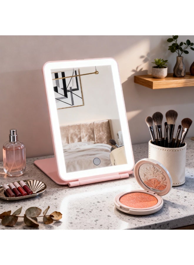 YQbest Rechargeable Travel Vanity Mirror, 10X Magnifying LED Makeup Mirror with 3-Color Dimmable Lighting, Foldable Tabletop Cosmetic Mirror - Pink - Image 1