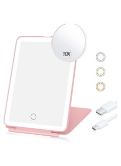 YQbest Travel Vanity Mirror - Rechargeable, 10X Magnifying LED Makeup Mirror, 3-Color Lighting, Dimmable Touch Screen, Foldable Tabletop Cosmetic Mirror, Pink  - Image 1