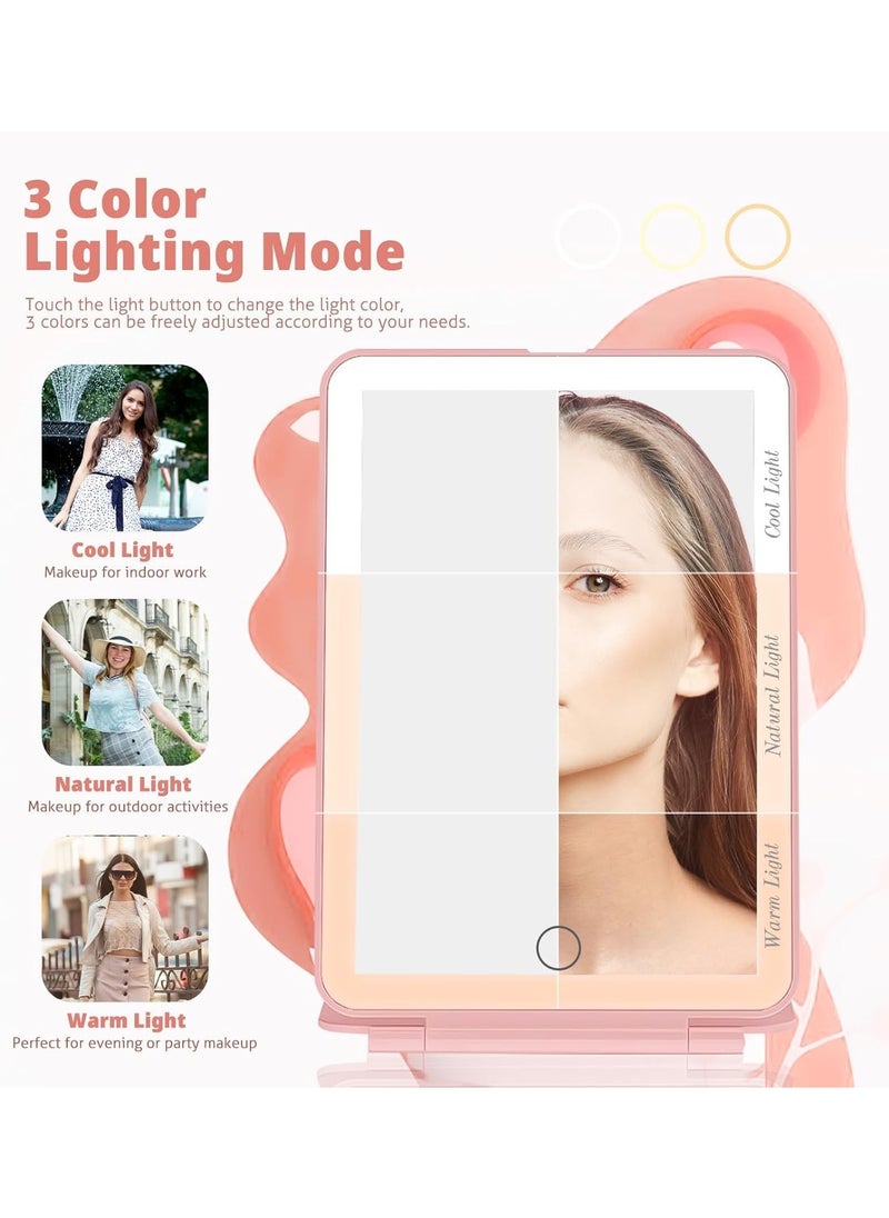 YQbest Travel Vanity Mirror - Rechargeable, 10X Magnifying LED Makeup Mirror, 3-Color Lighting, Dimmable Touch Screen, Foldable Tabletop Cosmetic Mirror, Pink  - Image 2