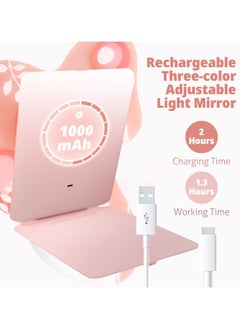 YQbest Travel Vanity Mirror - Rechargeable, 10X Magnifying LED Makeup Mirror, 3-Color Lighting, Dimmable Touch Screen, Foldable Tabletop Cosmetic Mirror, Pink  - Image 4