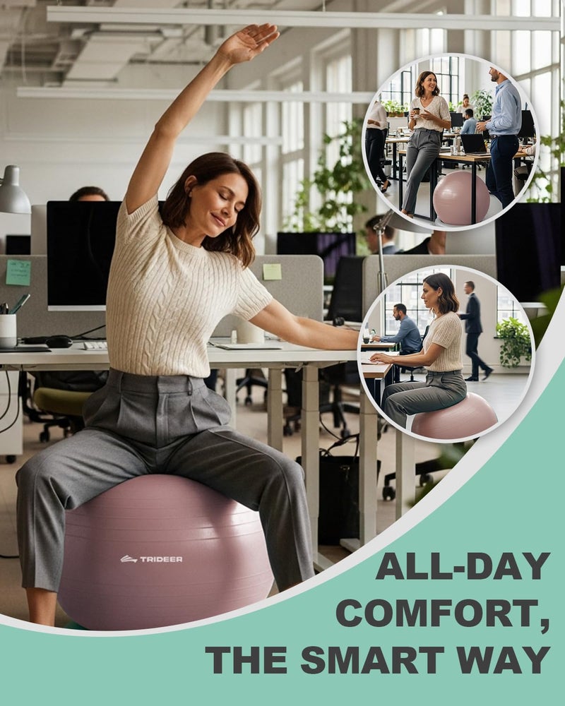 Trideer Exercise Ball for Office Desk, Yoga Ball Chair to Relieve Back Pain, Stability & Fitness Ball Seat with Base, Home Gym Core Workout, Abs, Stretching & Therapy - Image 2