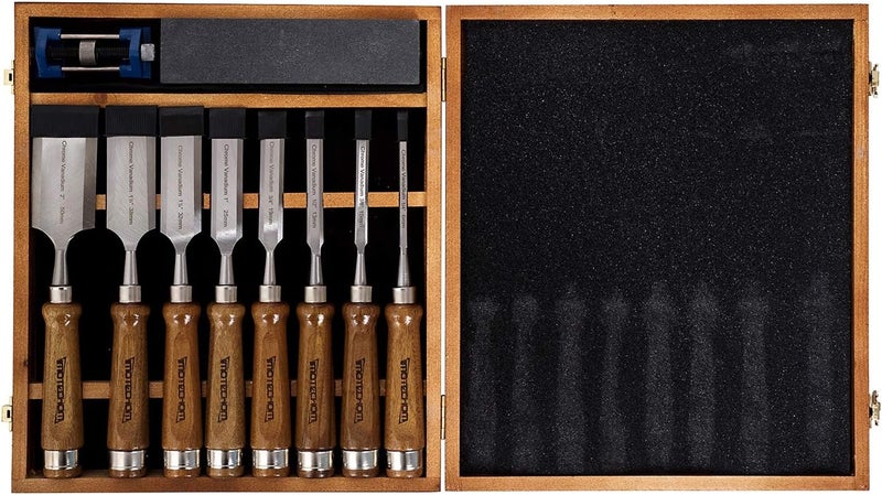 IMOTECHOM 10-Pieces Woodworking Wood Chisel Set with Wooden Box, Honing Guide, Sharpening Stone, Razor Sharp CR-V 60 Steel Blades - Image 1