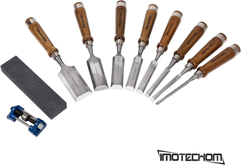 IMOTECHOM 10-Pieces Woodworking Wood Chisel Set with Wooden Box, Honing Guide, Sharpening Stone, Razor Sharp CR-V 60 Steel Blades - Image 2