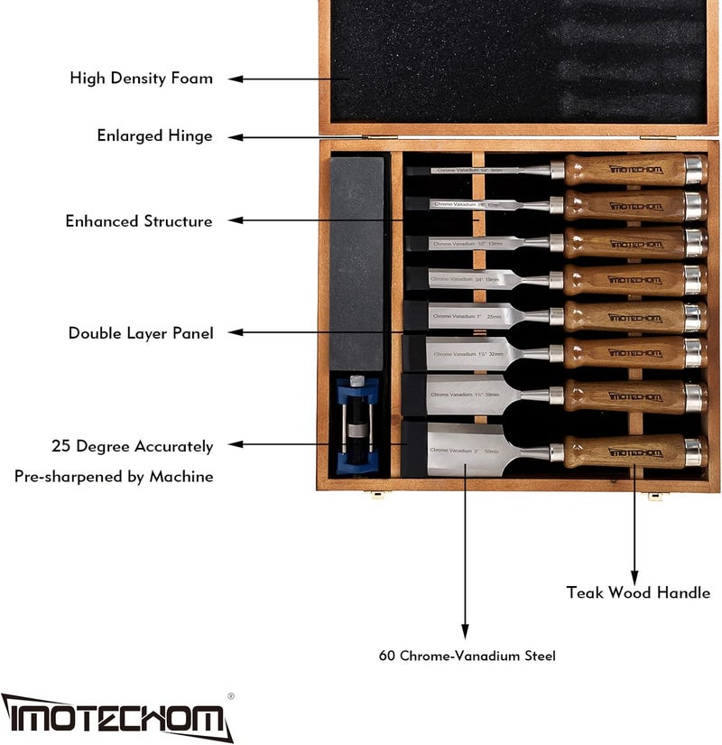 IMOTECHOM 10-Pieces Woodworking Wood Chisel Set with Wooden Box, Honing Guide, Sharpening Stone, Razor Sharp CR-V 60 Steel Blades - Image 3