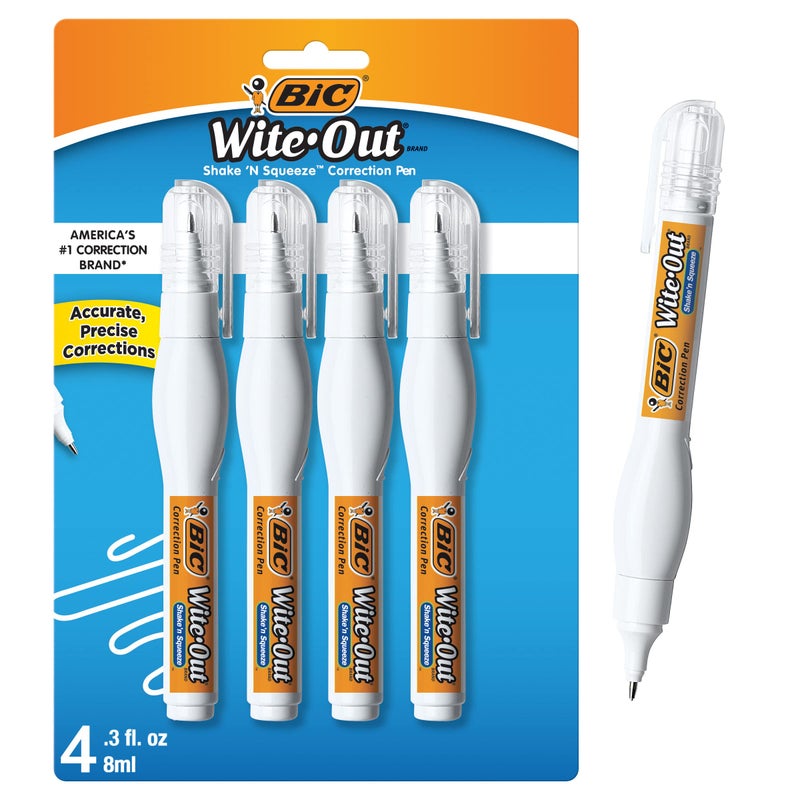 BIC Wite-Out Brand Shake 'n Squeeze Correction Pen, 8 ML Correction Fluid, 4-Count Pack of white Correction Pens, Fast, Clean and Easy to Use Office or School Supplies - Image 1