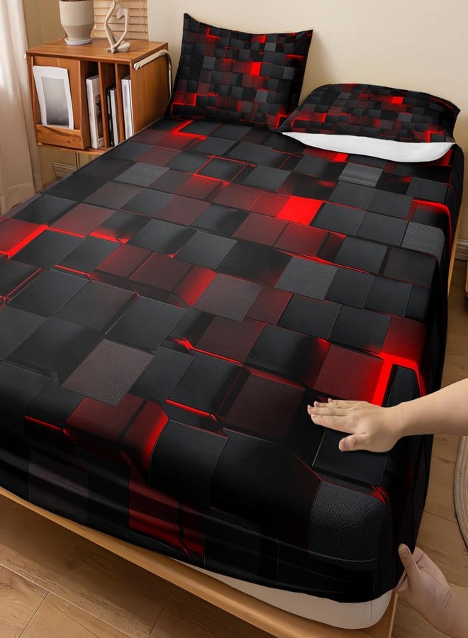 Nttopship Soft Bedding Fitted Sheet Full Size,Geometric Red Black Microfiber Fitted Sheet with 16" Deep Pockets Fitted Sheet Room Decor,Bed Sheets & 2 Pillowcases for Kids Boys and Girls - Image 3