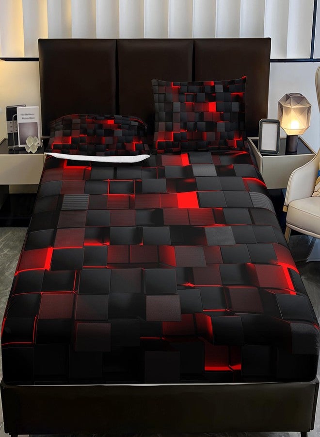 Nttopship Soft Bedding Fitted Sheet Full Size,Geometric Red Black Microfiber Fitted Sheet with 16" Deep Pockets Fitted Sheet Room Decor,Bed Sheets & 2 Pillowcases for Kids Boys and Girls - Image 2