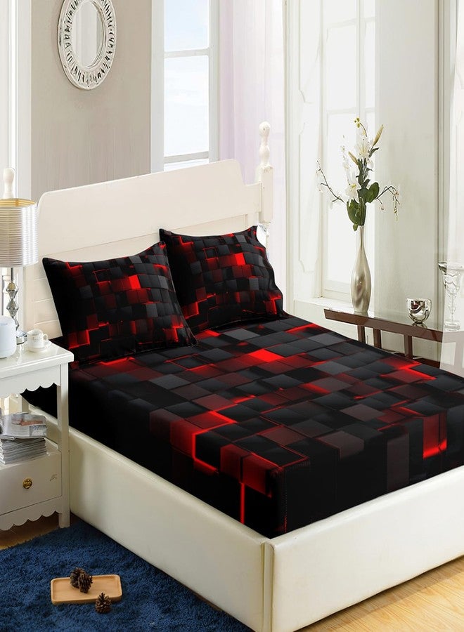 Nttopship Soft Bedding Fitted Sheet Full Size,Geometric Red Black Microfiber Fitted Sheet with 16" Deep Pockets Fitted Sheet Room Decor,Bed Sheets & 2 Pillowcases for Kids Boys and Girls - Image 1