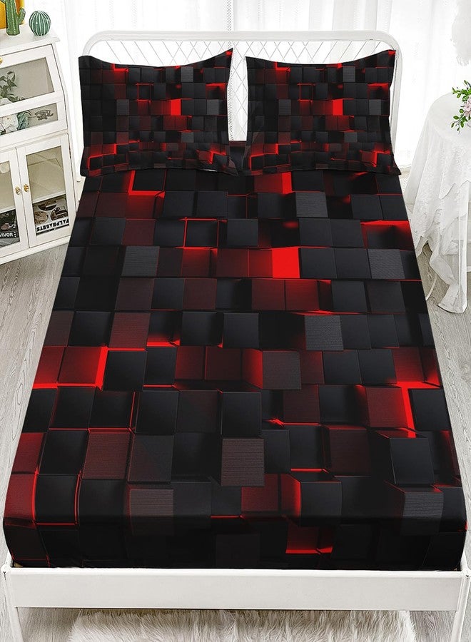 Nttopship Soft Bedding Fitted Sheet Full Size,Geometric Red Black Microfiber Fitted Sheet with 16" Deep Pockets Fitted Sheet Room Decor,Bed Sheets & 2 Pillowcases for Kids Boys and Girls - Image 5