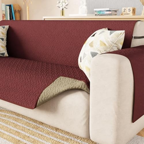 Lukzer 3 Seater Quilted Reversible Sofa Mat with Storage Side Pocket - Stipple Maroon | 350 GSM Polyester Blend Full Coverage with Arms | Machine Washable Sofa Runner (170-180CM/SC-209-03) - Image 1