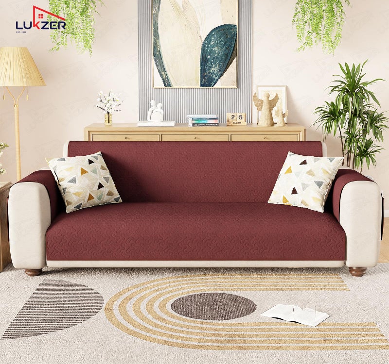 Lukzer 3 Seater Quilted Reversible Sofa Mat with Storage Side Pocket - Stipple Maroon | 350 GSM Polyester Blend Full Coverage with Arms | Machine Washable Sofa Runner (170-180CM/SC-209-03) - Image 3