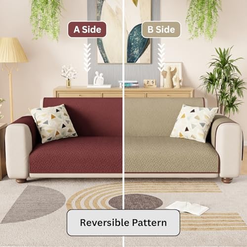 Lukzer 3 Seater Quilted Reversible Sofa Mat with Storage Side Pocket - Stipple Maroon | 350 GSM Polyester Blend Full Coverage with Arms | Machine Washable Sofa Runner (170-180CM/SC-209-03) - Image 5