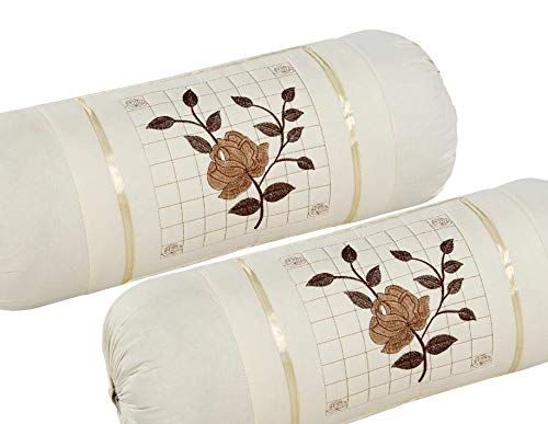 HSR Collection 144 TC Embroidered Premium Cotton 2 Piece Bolster Cover, 16"x 32", Off White - Image 2