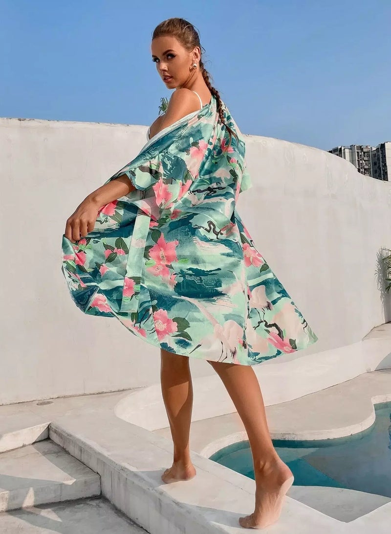 Plant & Animal Print Tie Front Kimono - Image 5