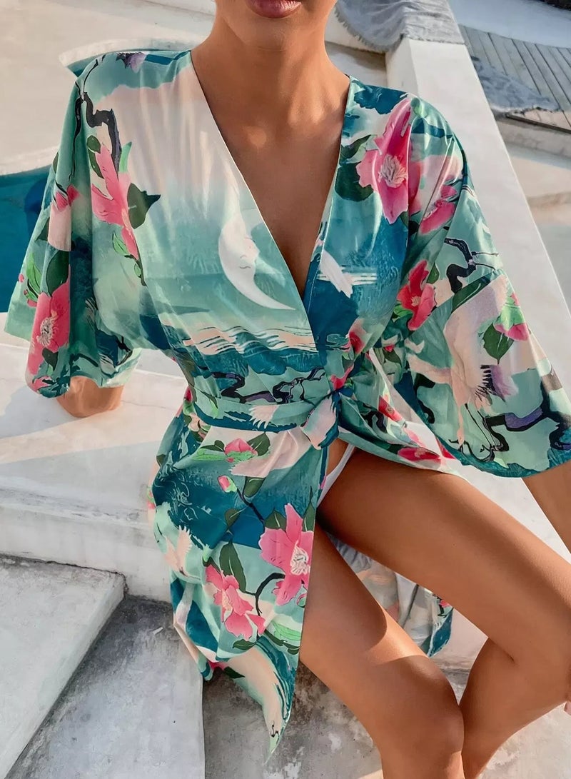 Plant & Animal Print Tie Front Kimono - Image 1